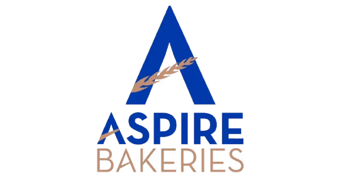 Logo of Aspire Bakeries featuring a large blue letter A with a golden wheat stalk crossing it, and the text 'ASPIRE' in blue and 'BAKERIES' in golden below.