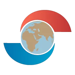 Simmco Inc logo featuring Earth, flanked by a red curved shape above and a blue curved shape below.