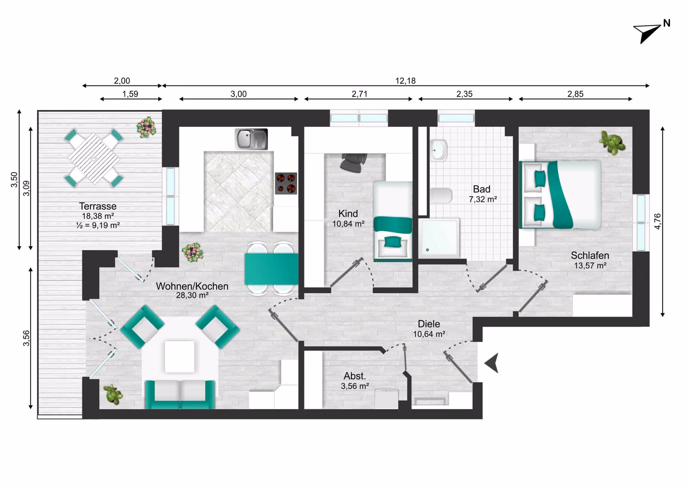 R2 Immobilien QNG-Neubau Grundriss Wohnung Auenhöfen
