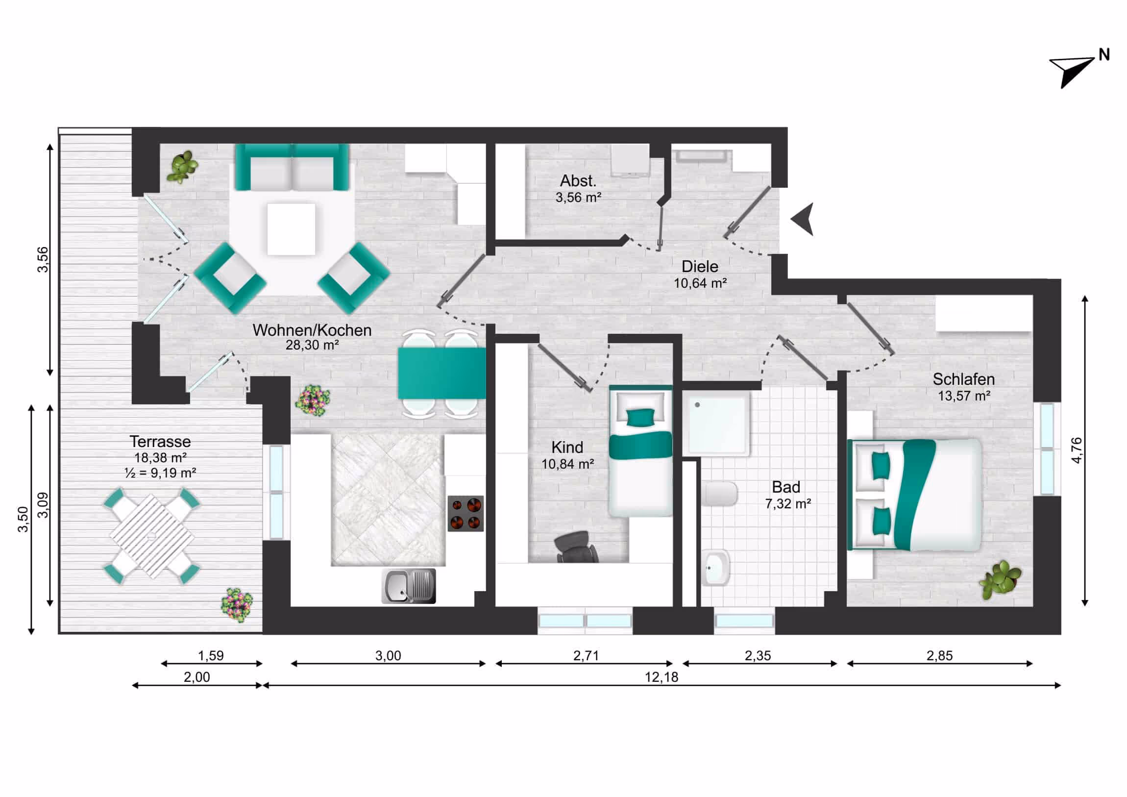 R2 Immobilien QNG-Neubau Grundriss Wohnung Auenhöfen