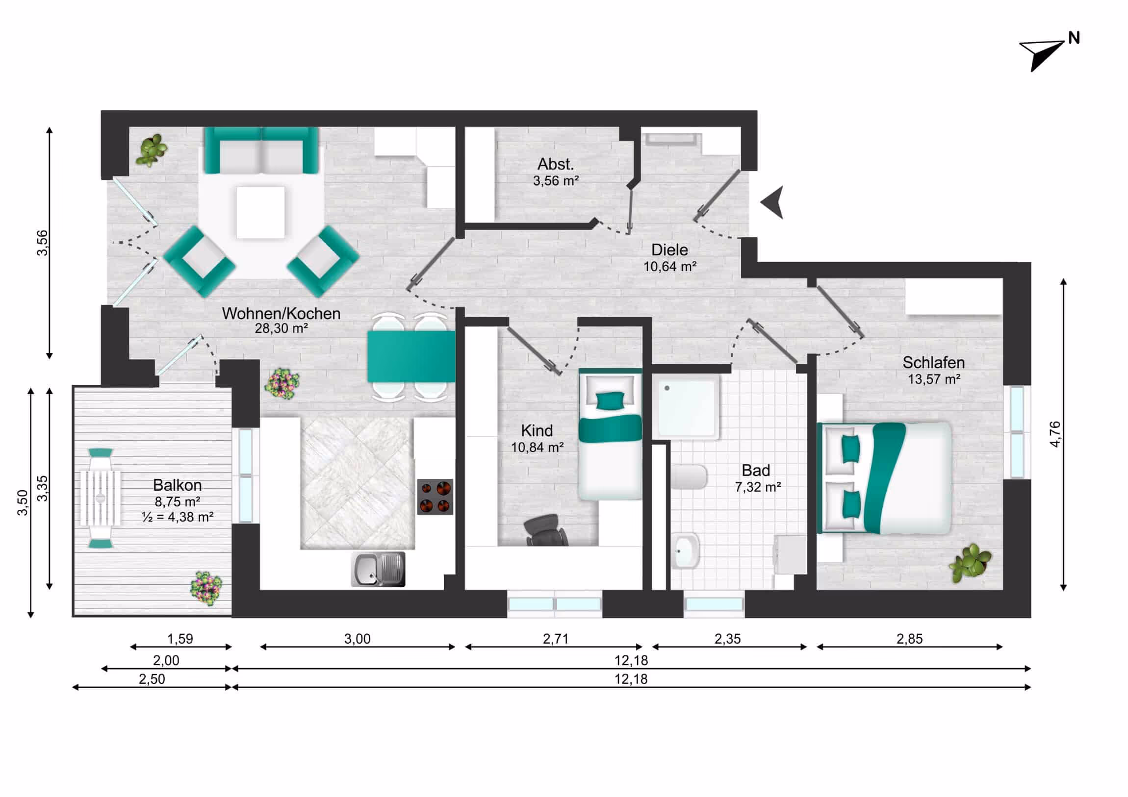 R2 Immobilien QNG-Neubau Grundriss Wohnung Auenhöfen