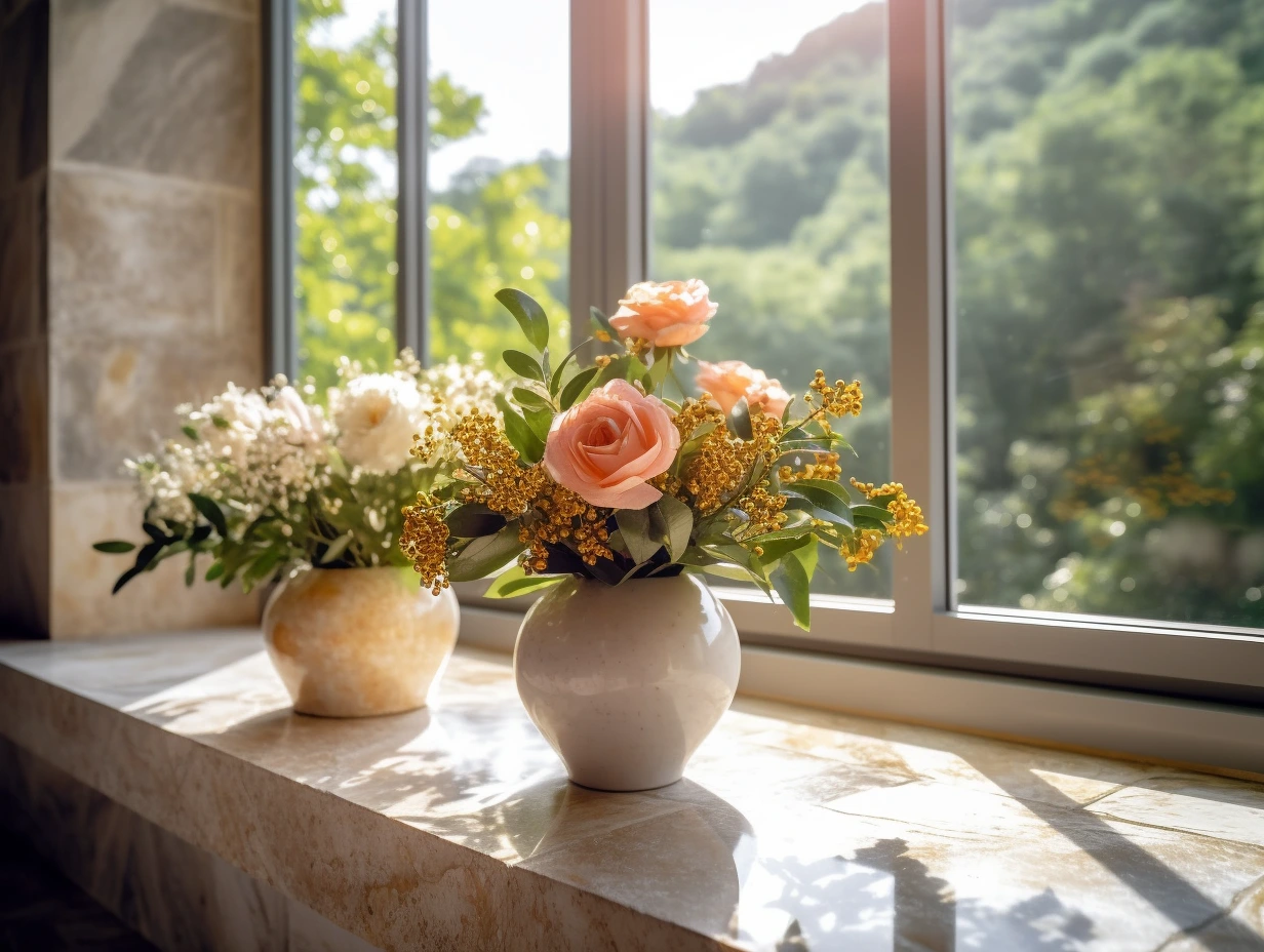 Fenstersimse, aus Stein. Mit einer dekorativen Vase drauf.