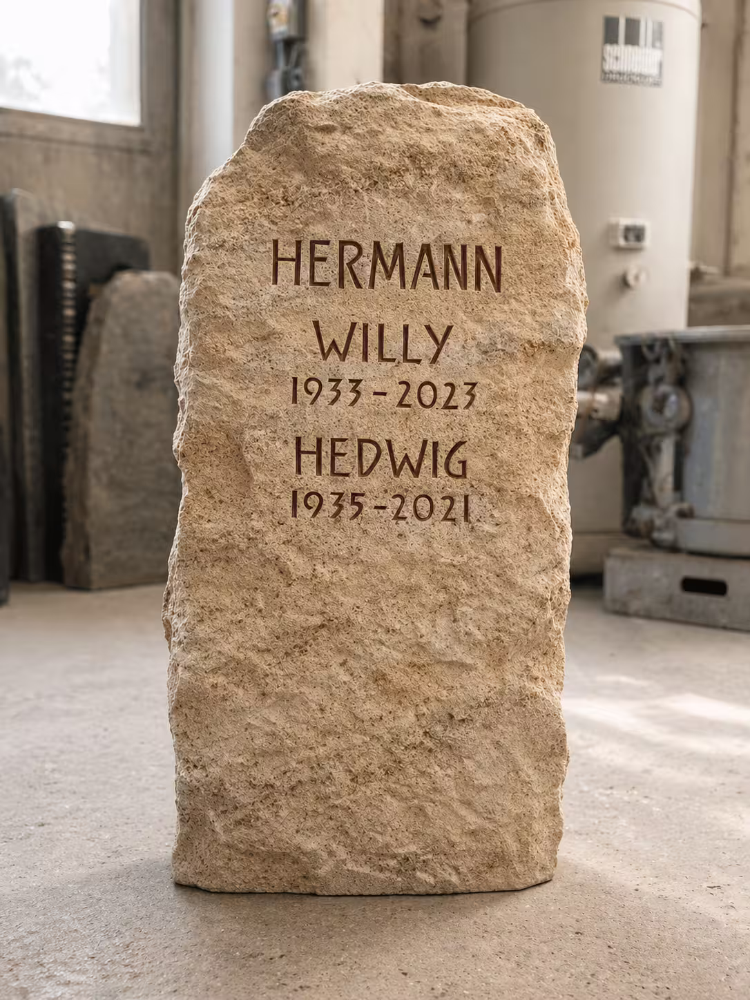 Grabstein von Hermann Naturstein, aktuell noch in der Werkstatt, vor dem Aufstellen auf dem Friedhof