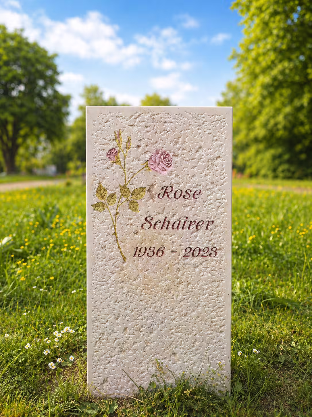 Grabstein, mit Blumen, die auf dem Stein aufgemalt sind von Hermann Naturstein