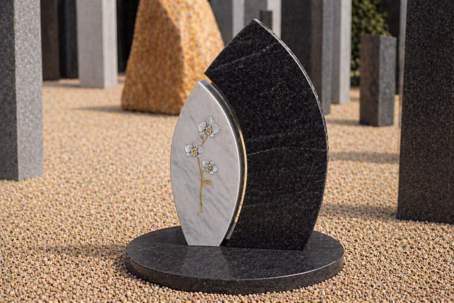 Grabstein für ein Erdgrab, mit einem Ornament und zwei unterschiedlichen Materialien von Hermann Naturstein