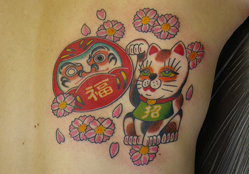 Photograph of a traditional Japanese style tattoo done at Lucky Round Tattoo