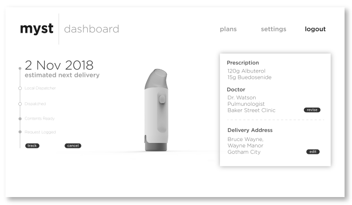 A web screenshot showing the patient facing website showing delivery and prescription details