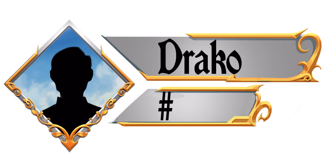 Gaming profile badge with a silhouette avatar, the name 'Drako', and a placeholder # symbol, framed in gold and silver ornamental design.