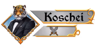 Illustration of a tiger dressed in a black tuxedo inside a diamond-shaped frame next to a decorative nameplate with the name Koschei.