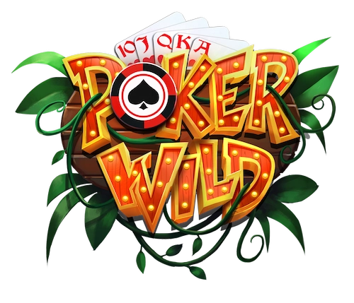 Colorful stylized text 'Poker Wild' with glowing marquee lights, surrounded by green vines and playing cards 10, J, Q, K, A of hearts behind the text.