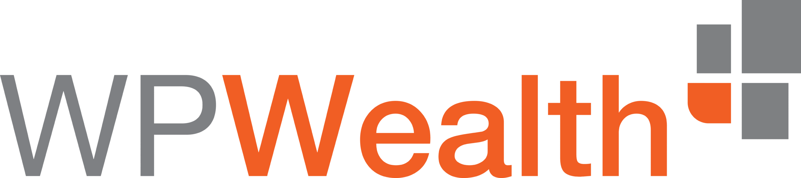 WP Wealth logo with 'WP' in grey and 'Wealth' in orange next to four grey and orange squares.