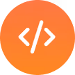 White code brackets icon on an orange circular background.