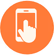 White smartphone icon with a hand tapping the screen on an orange circular background.