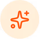 Orange sparkle icon with a plus sign on a beige circular background.