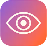 White eye icon centered on a purple and orange gradient rounded square background.