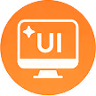 White computer monitor icon with 'UI' text and sparkle on orange circular background.