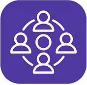 White icon of four people connected in a circle on a purple rounded square background, symbolizing inclusion and teamwork.