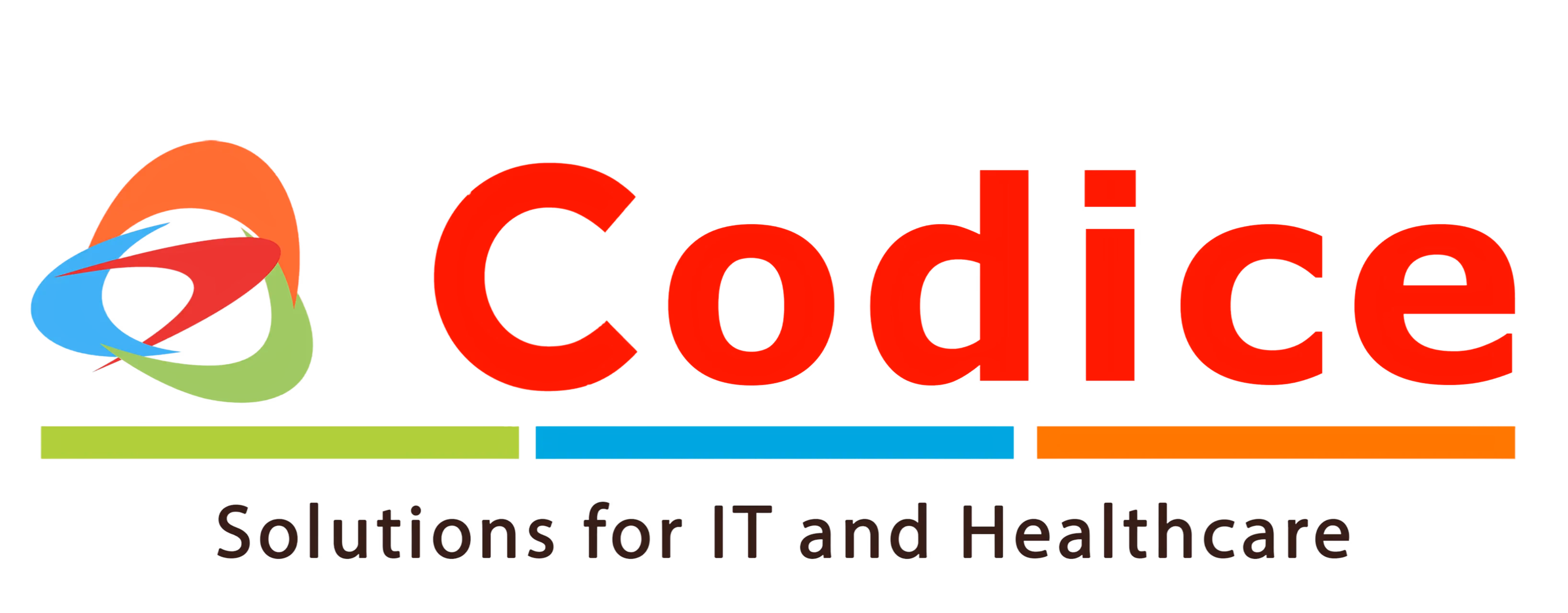 Codice logo with colorful abstract swooshes and the text 'Solutions for IT and Healthcare' beneath.