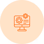 Computer monitor icon with two gear icons representing settings or system configuration on a peach circular background.