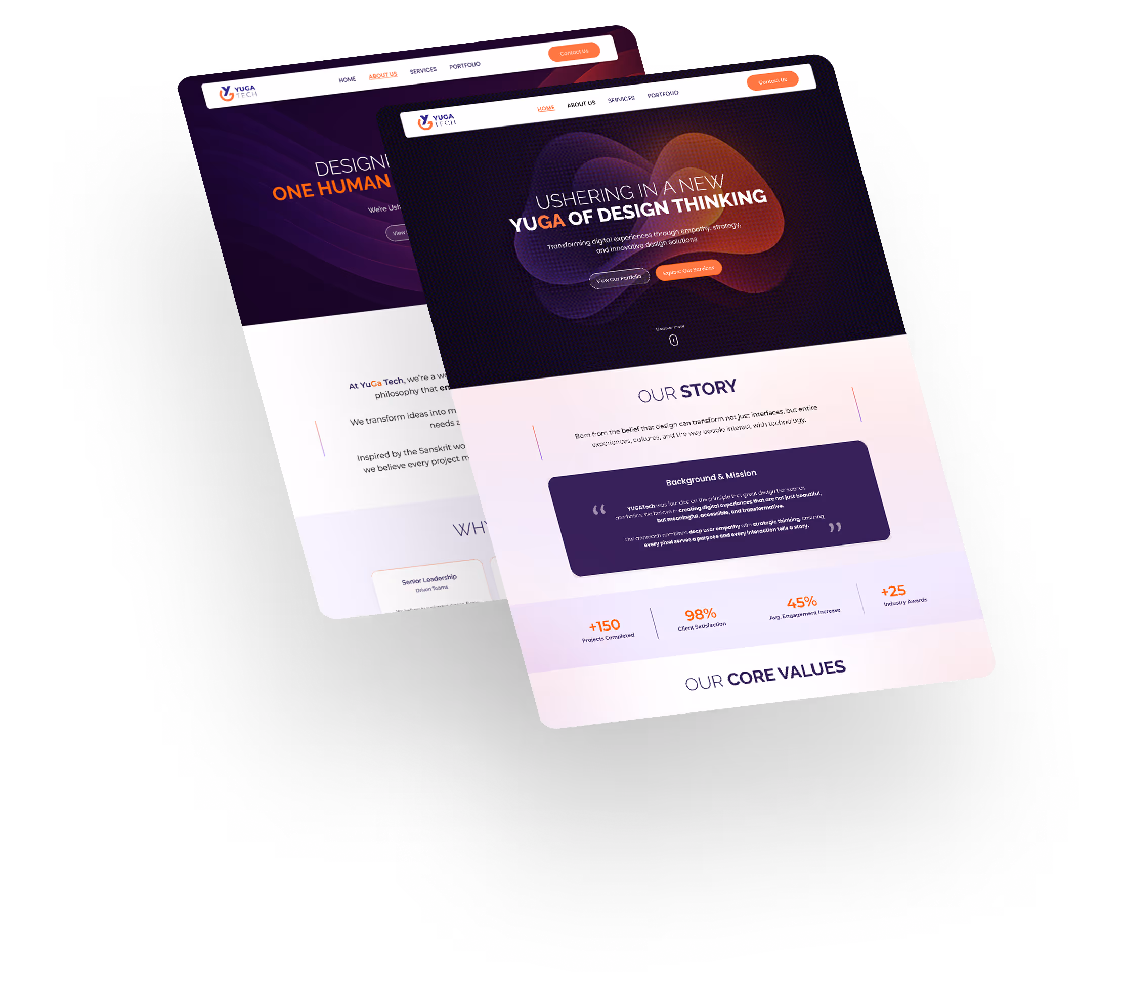 Two angled webpage designs for Yuga Tech showing digital design thinking and company story with metrics on projects completed and client satisfaction.