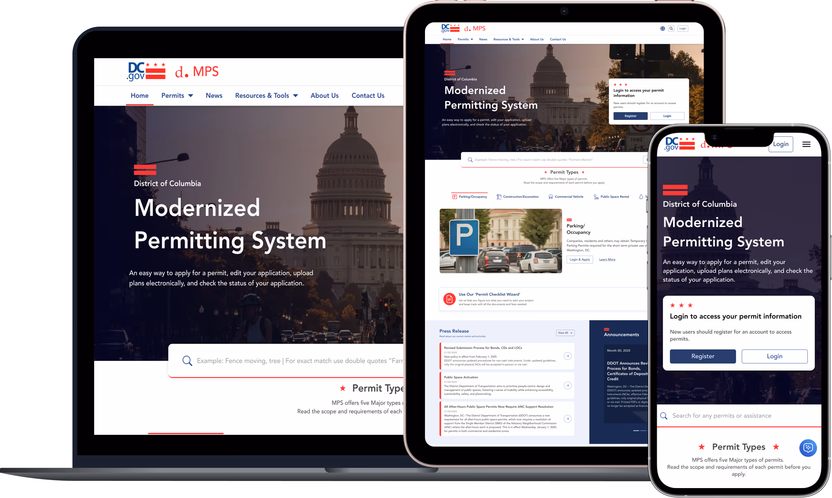 The District of Columbia Modernized Permitting System website shown on laptop, tablet, and smartphone screens with features for applying and managing permits digitally.
