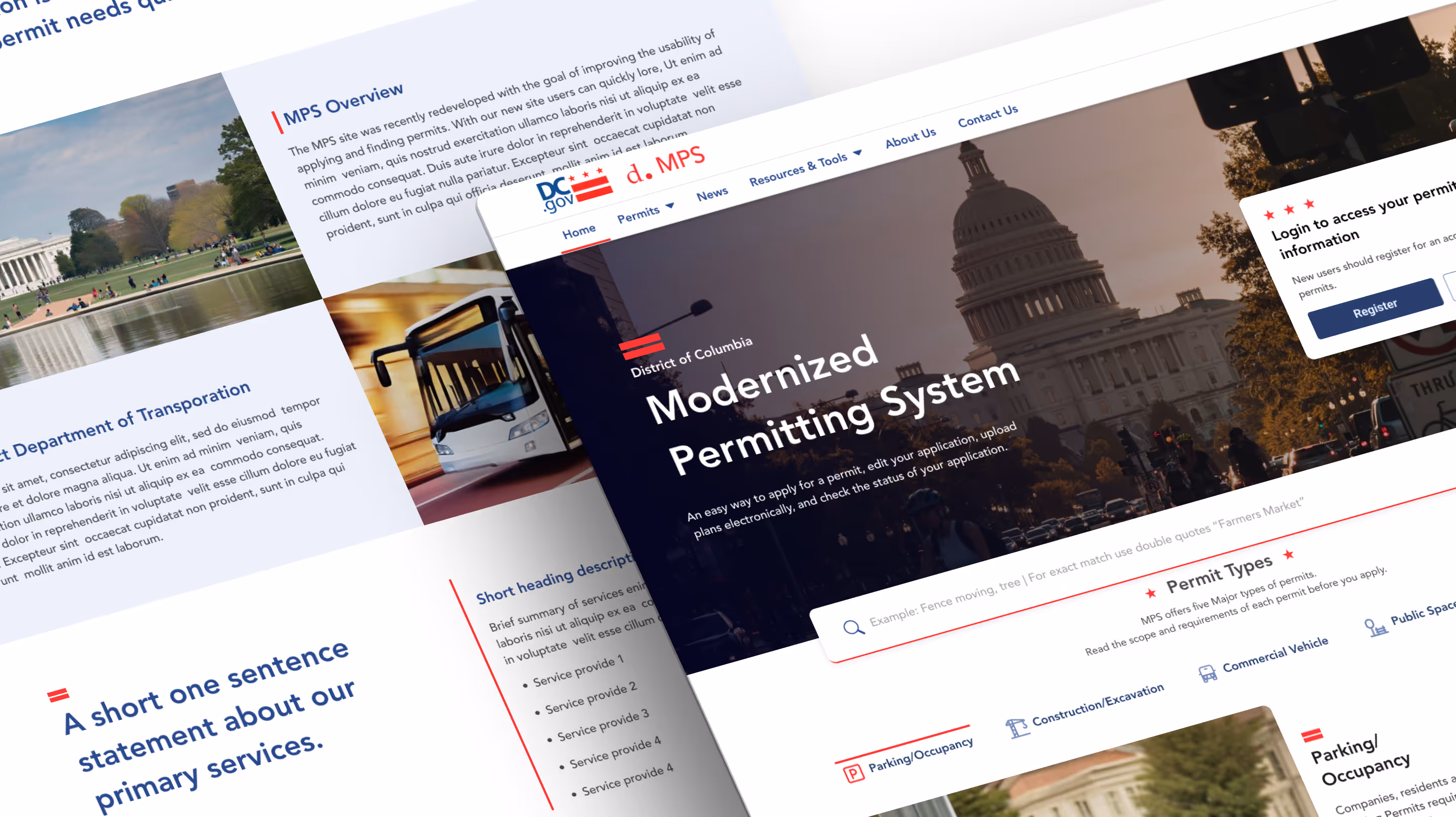 Website screenshots showing the District of Columbia Modernized Permitting System with images of the Capitol, public bus, and text about permit types and services.