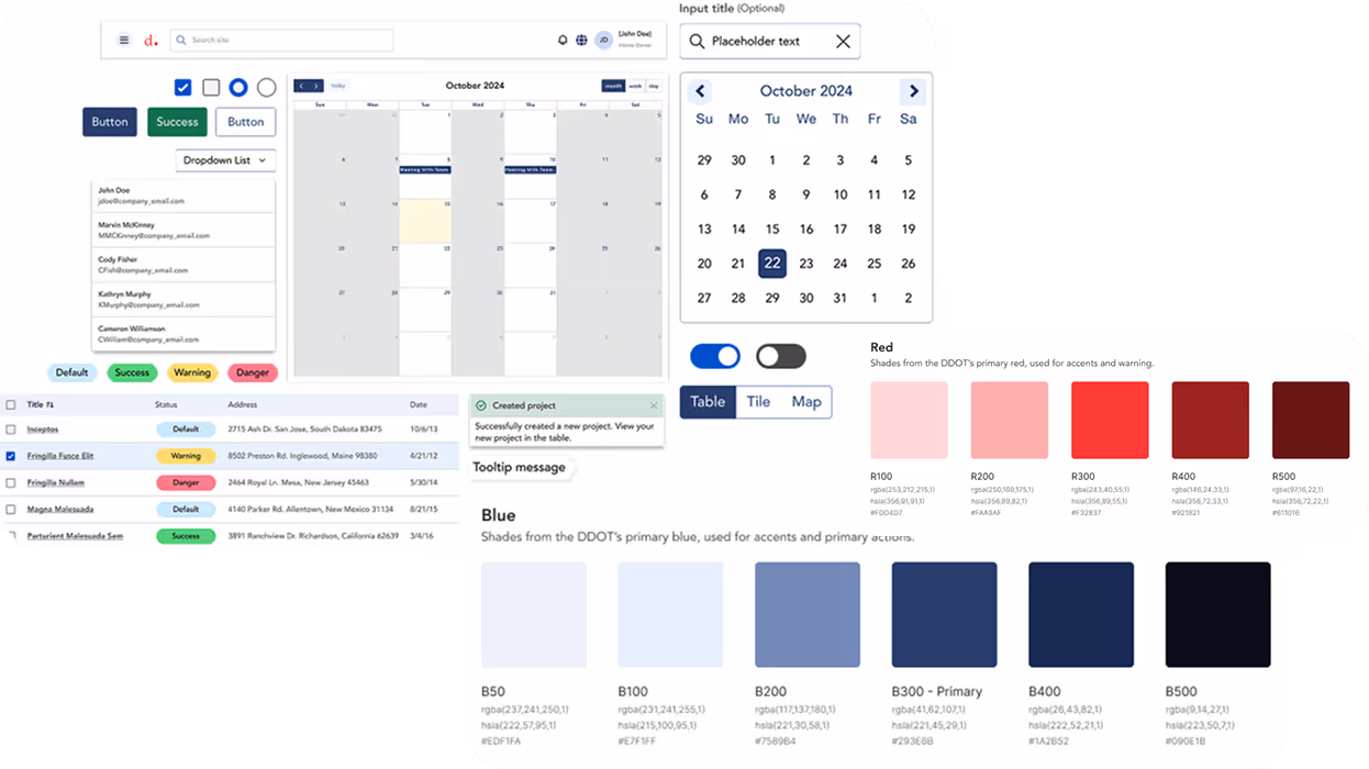 User interface design system example showing buttons in various states, a dropdown list with names and emails, calendar views for October 2024, toggle switches, status table with color-coded labels, notification messages, and color swatches for red and blue shades with their respective color codes.