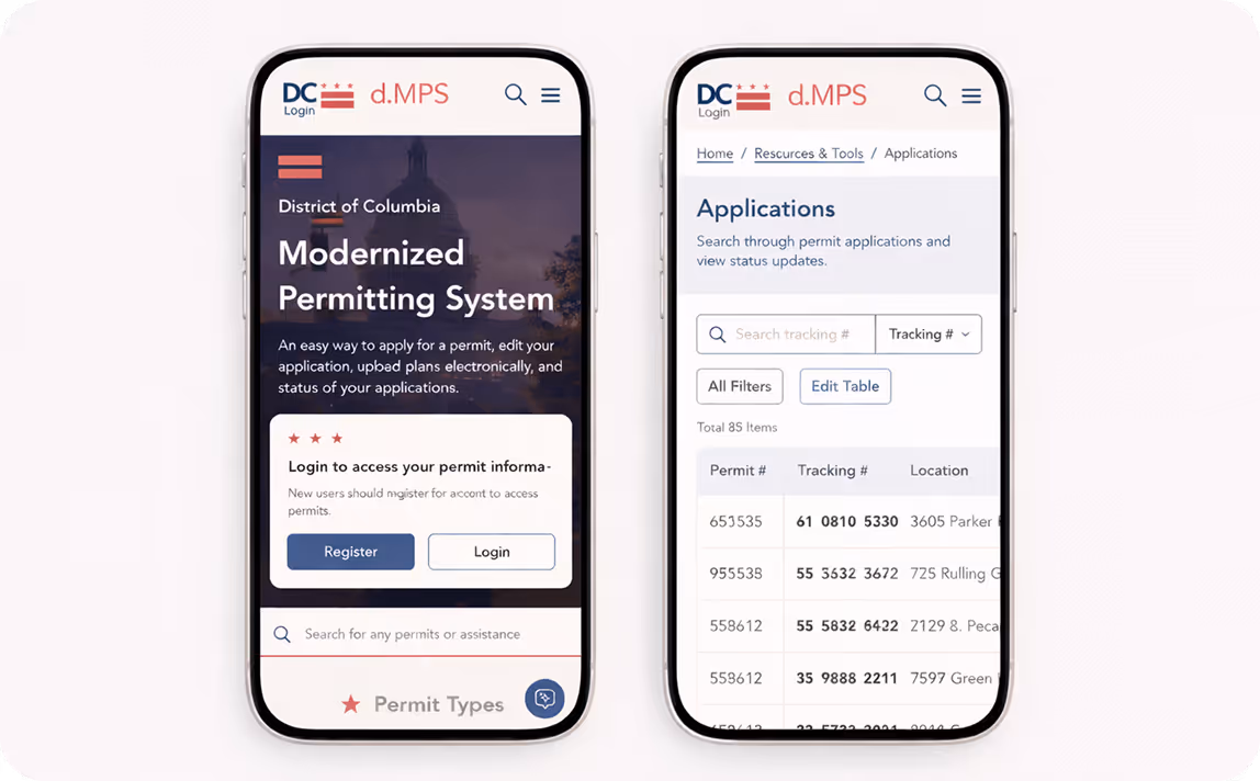 Two smartphones displaying the District of Columbia Modernized Permitting System website pages, showing permit login screen and permit application tracking table.
