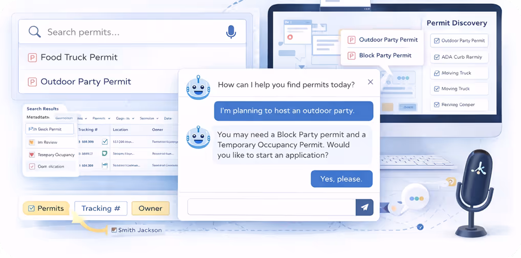 User interface showing permit search and chat assistant recommending Block Party and Temporary Occupancy permits for an outdoor party.