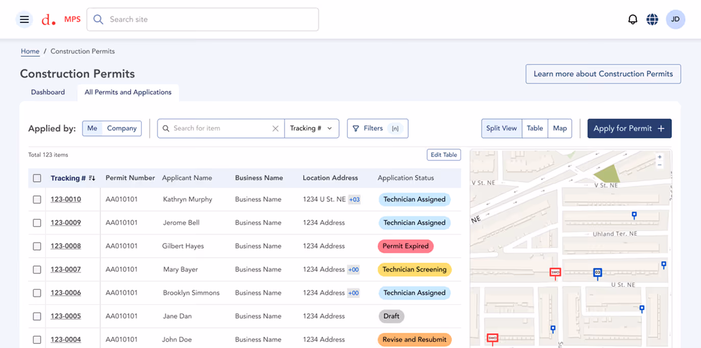 Construction Permits dashboard showing a list with tracking numbers, permit numbers, applicant names, business names, location addresses, application statuses, and a map with location markers.