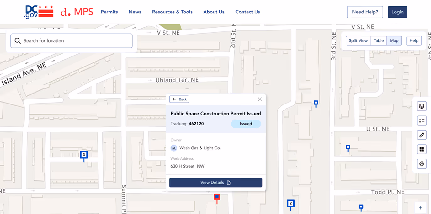 Map interface from DC MPS website showing a Public Space Construction Permit issued for Wash Gas & Light Co. at 630 H Street NW with tracking number 462120.