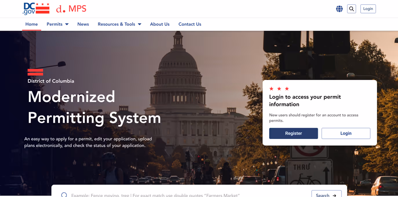 The U.S. Capitol dome at sunset behind the District of Columbia Modernized Permitting System login interface on a government website.