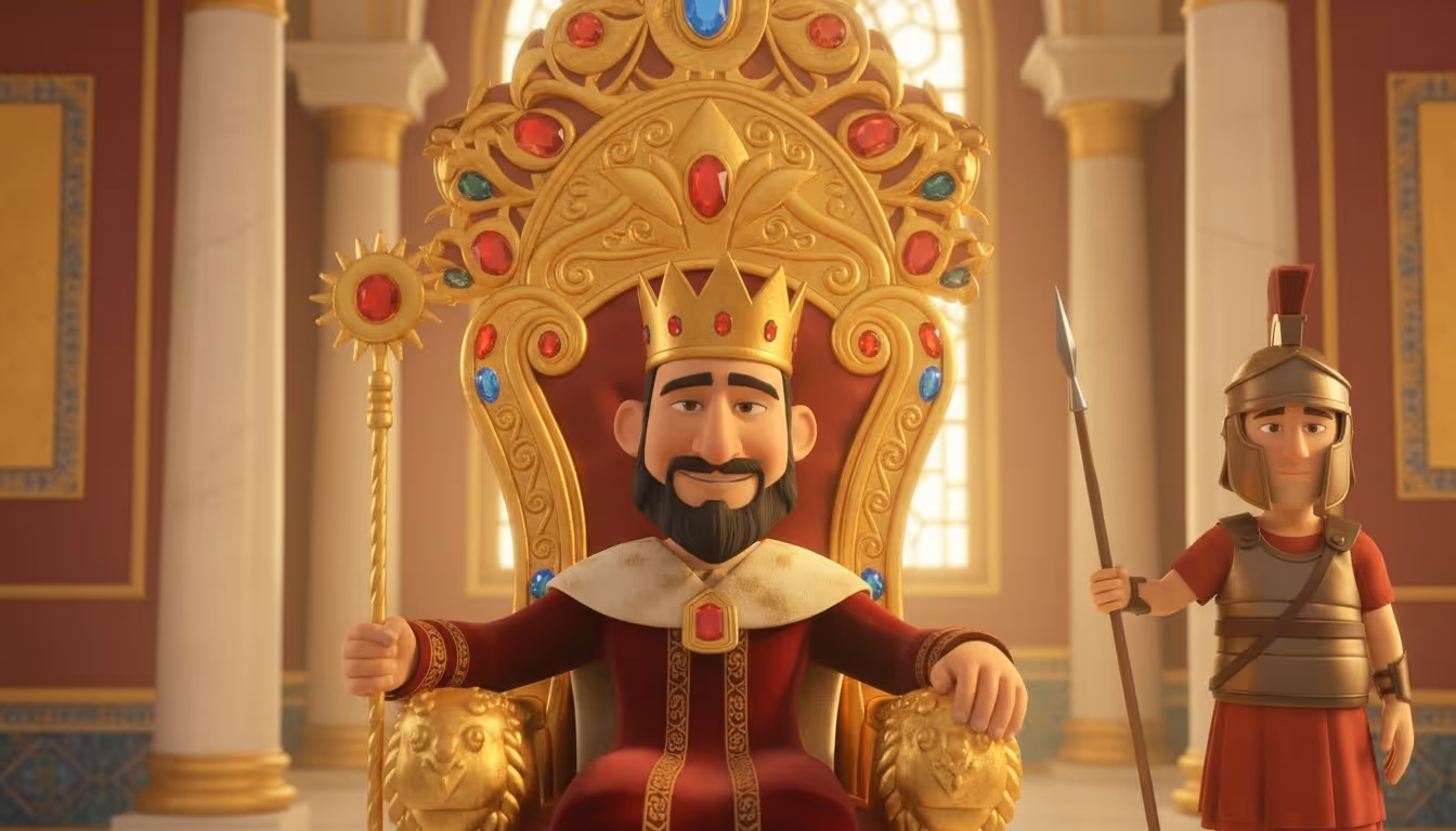 Animated king with a crown and jeweled scepter seated on an ornate golden throne, a soldier in armor holding a spear stands beside him.