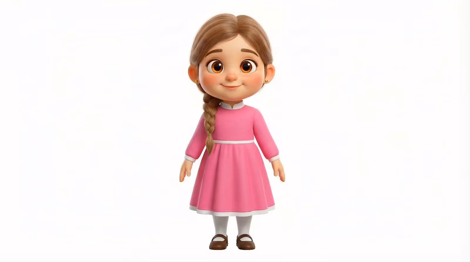 3D animated young girl with brown braided hair wearing a pink dress, white tights, and brown shoes, standing on a white background.