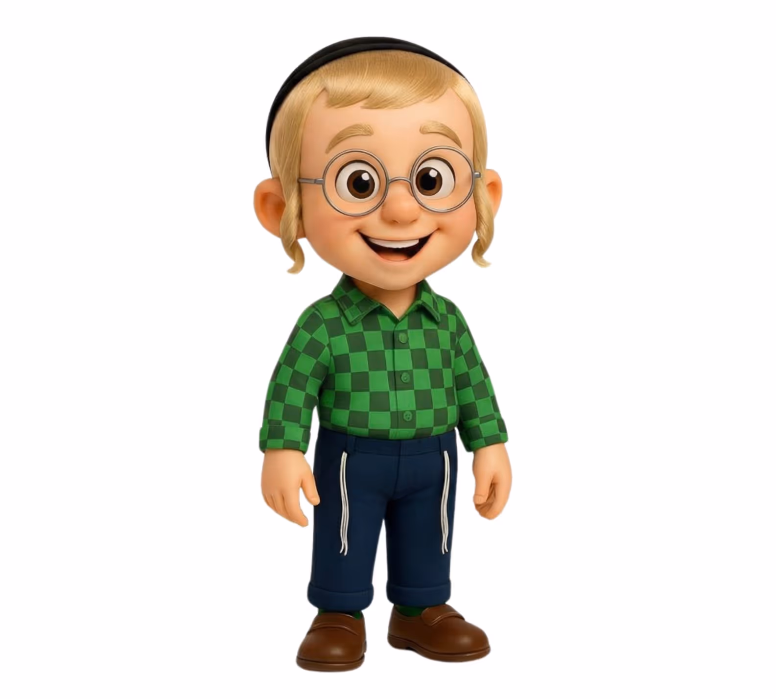 Smiling cartoon boy with glasses, wearing a green checkered shirt, blue pants, brown shoes, and a black head covering.