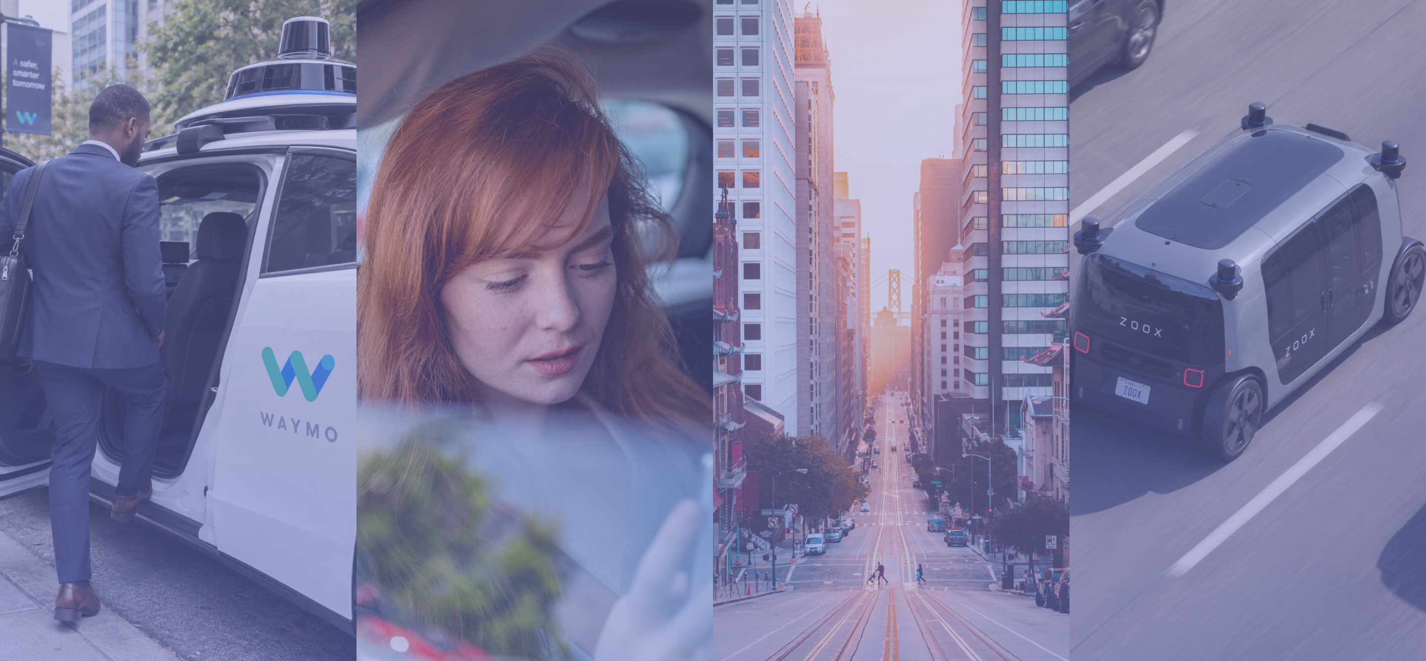 Collage of a rider entering a Waymo, a passenger in a car, a San Francisco street, and a Zoox robotaxi