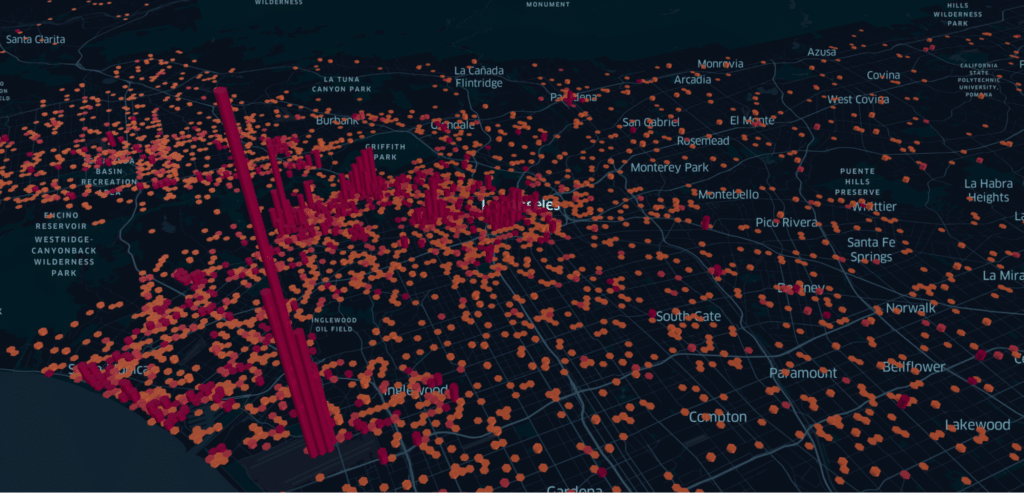 An image showing EV forecasting models with accurate microdata including pickup and dropoff locations of trips and deliveries, allowed the client to create visuals like the one above to identify areas of potential demand for charging stations, as well as validate current sites and additional data sources they were using. 