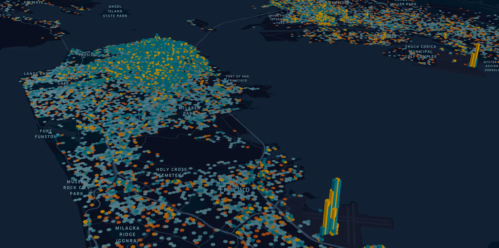 An image showing how companies visualize Gridwise gig mobility data by adding a three-dimensional element to represent more trips occurring in the same area.