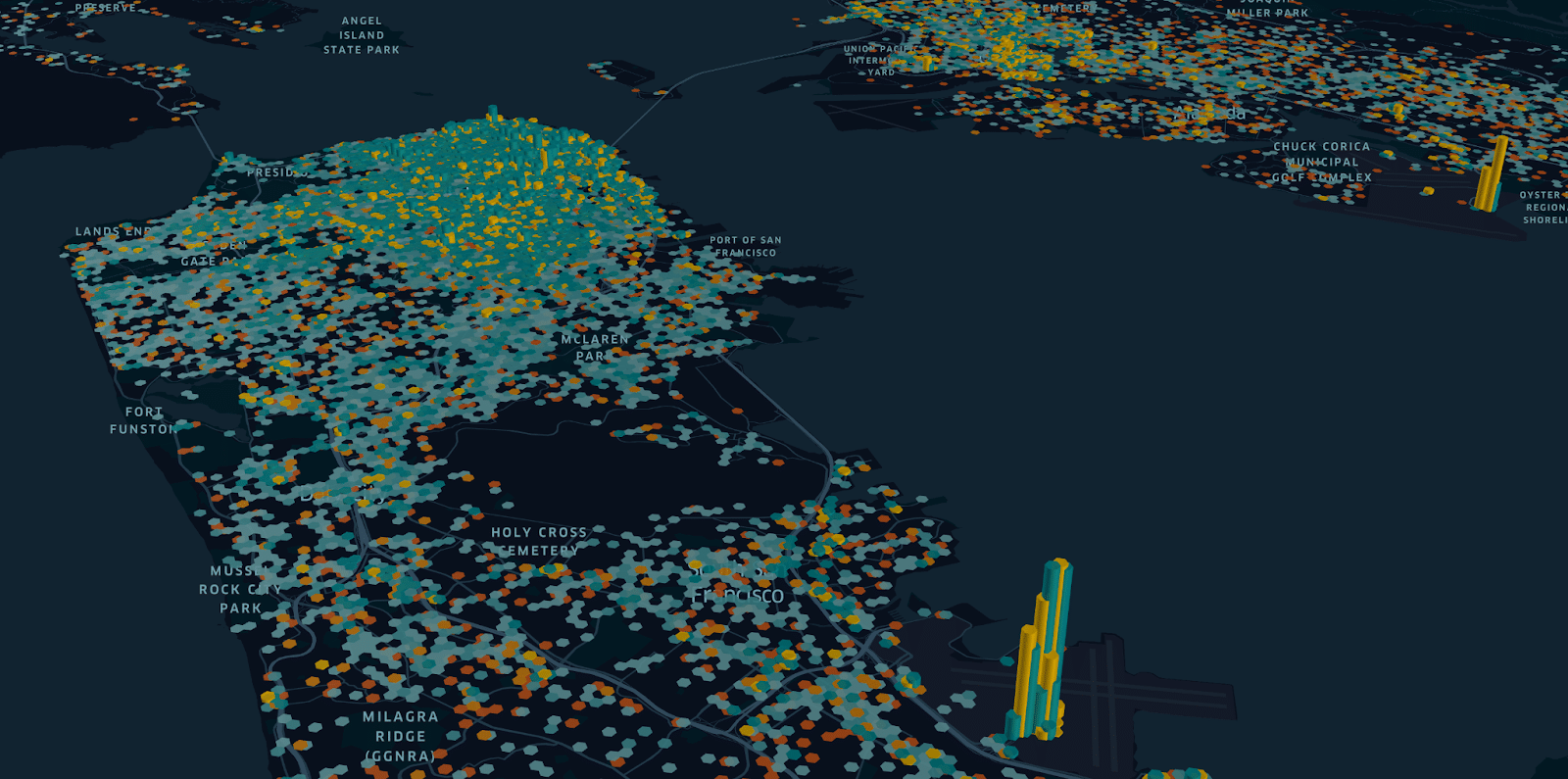 An image showing how companies visualize Gridwise gig mobility data by adding a three-dimensional element to represent more trips occurring in the same area.