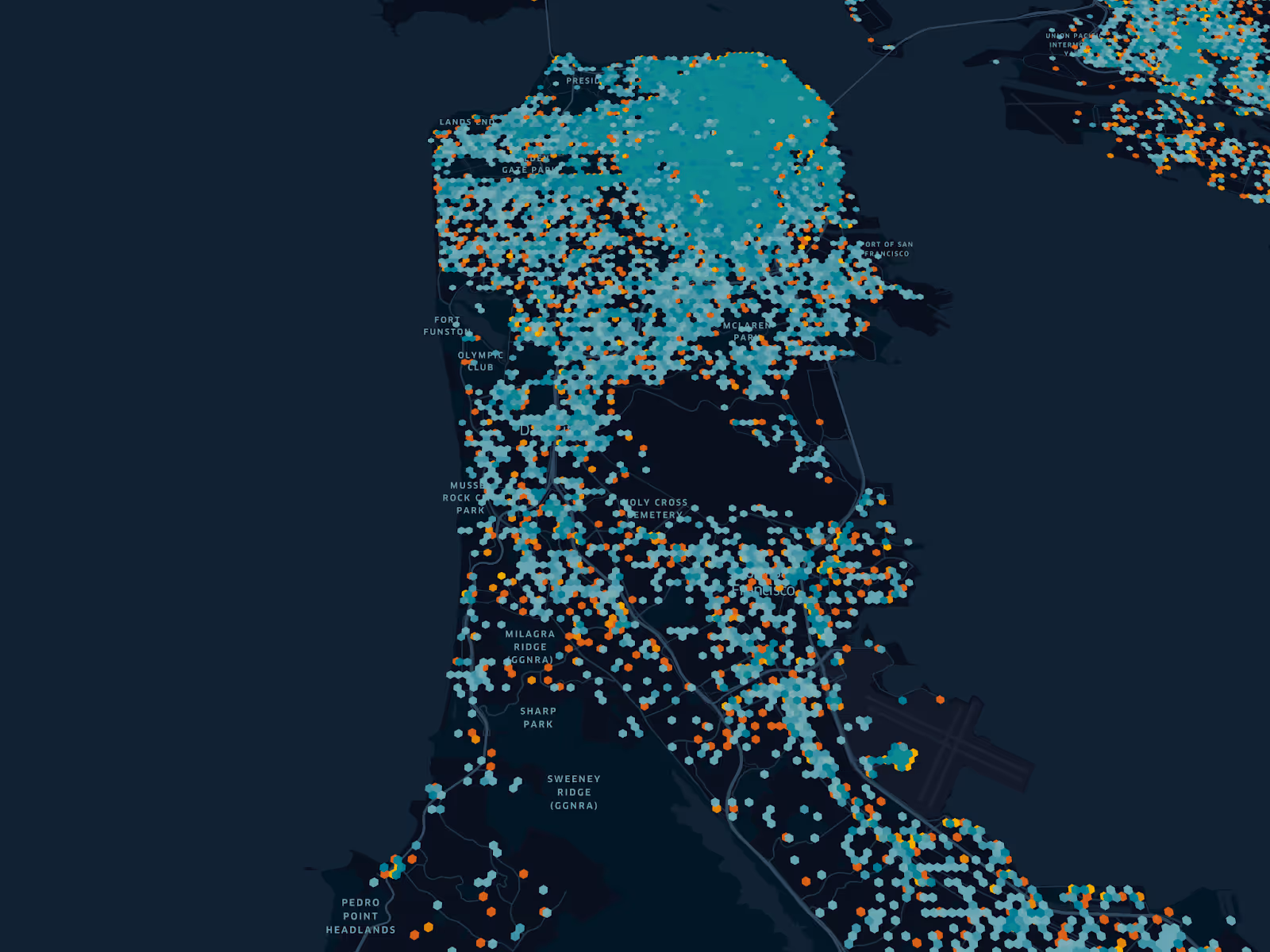 This image shows how Gridwise Analytics can overlay gig mobility data from two companies, as we have done here again with San Francisco, providing a view of rideshare market domination. 