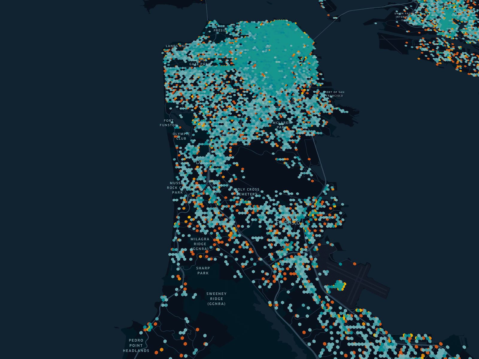 This image shows how Gridwise Analytics can overlay gig mobility data from two companies, as we have done here again with San Francisco, providing a view of rideshare market domination. 
