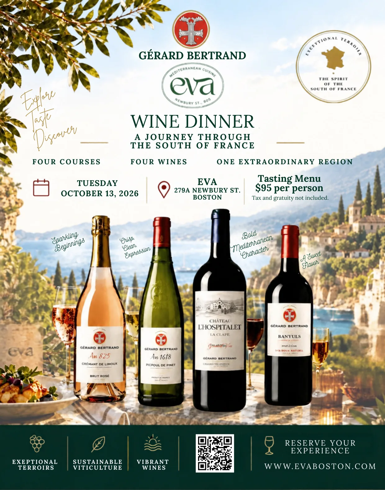 Gérard Bertrand Wine Dinner at EVA: a journey through the South of France. Four courses, four wines. Tuesday, October 13, 2026, at EVA, 279A Newbury St., Boston. Tasting menu $95 per person, tax and gratuity not included.