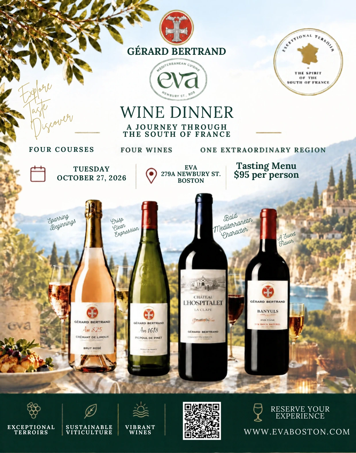 Gérard Bertrand Wine Dinner at EVA: a journey through the South of France. Four courses, four wines. Tuesday, October 27, 2026, at EVA, 279A Newbury St., Boston. Tasting menu $95 per person.