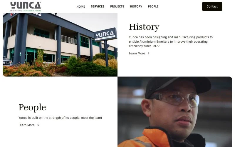 Yunca Engineering history and people section, built in Webflow