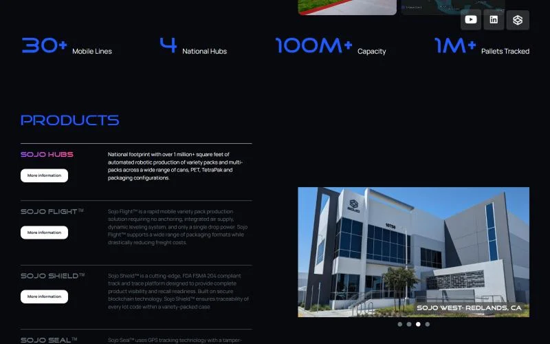 Sojo Industries stats and products section, built in Webflow