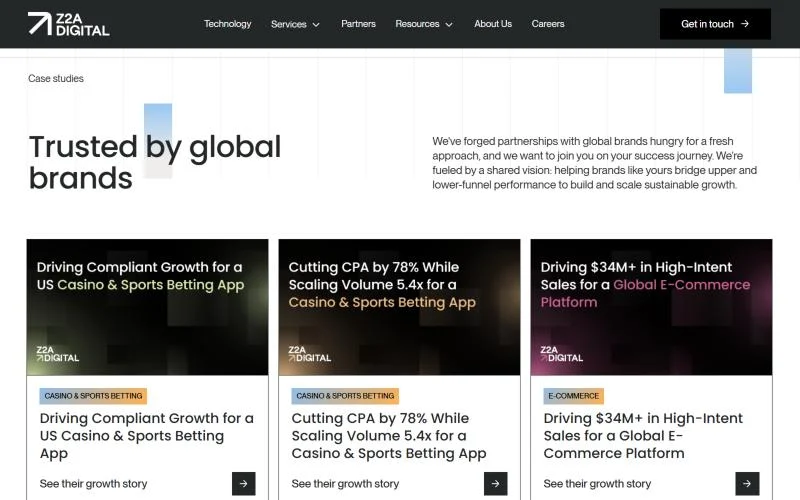 Z2A Digital case studies section, built in Webflow