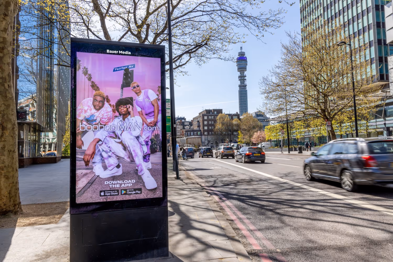 Ad campaign of BooHoo on a roadside digital screen
