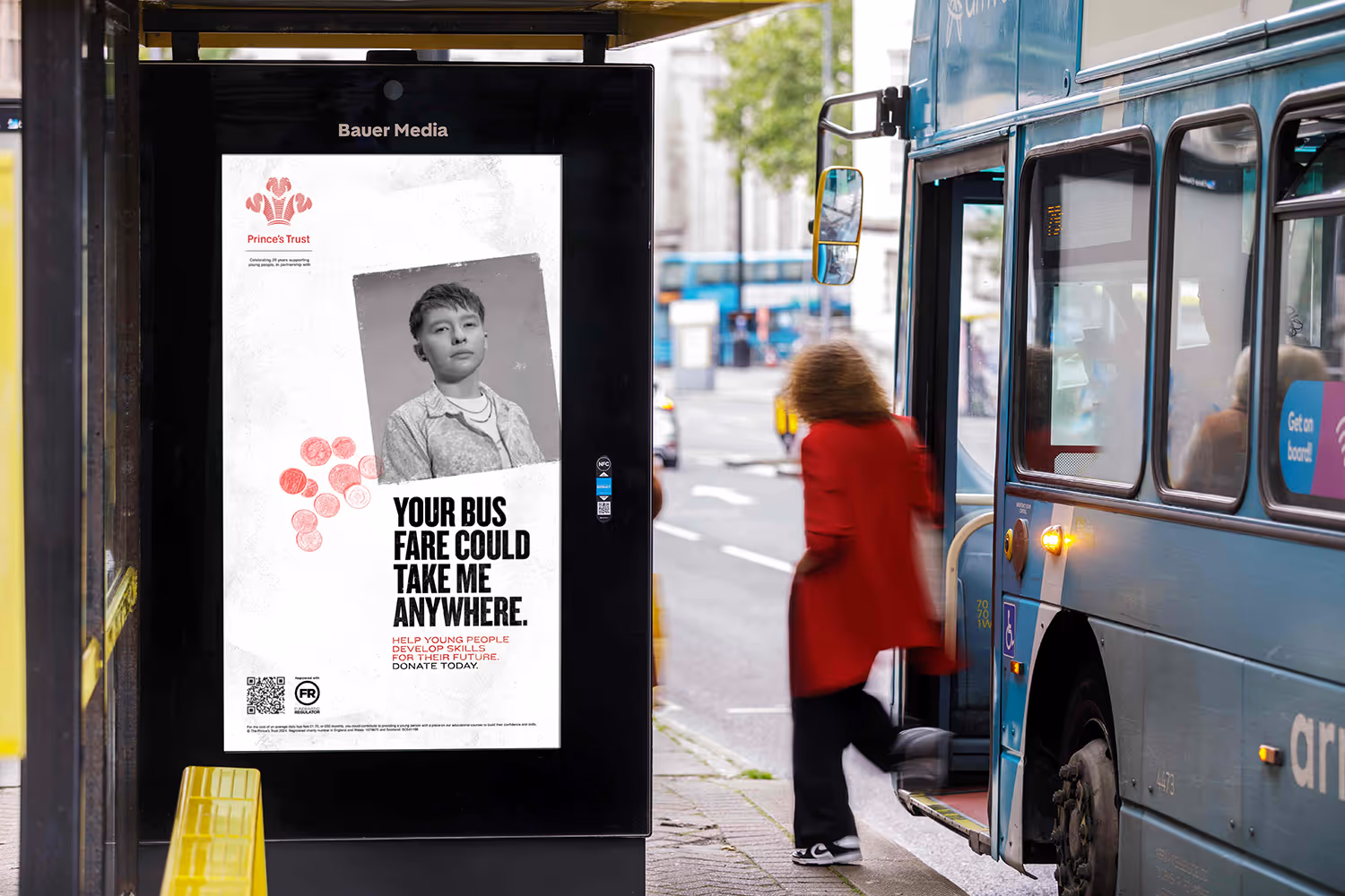 The ‘Class of Covid’ campaign displayed on an Adshel Live screen, at a bus stop, by a busy road as a passenger departs a bus during the day.