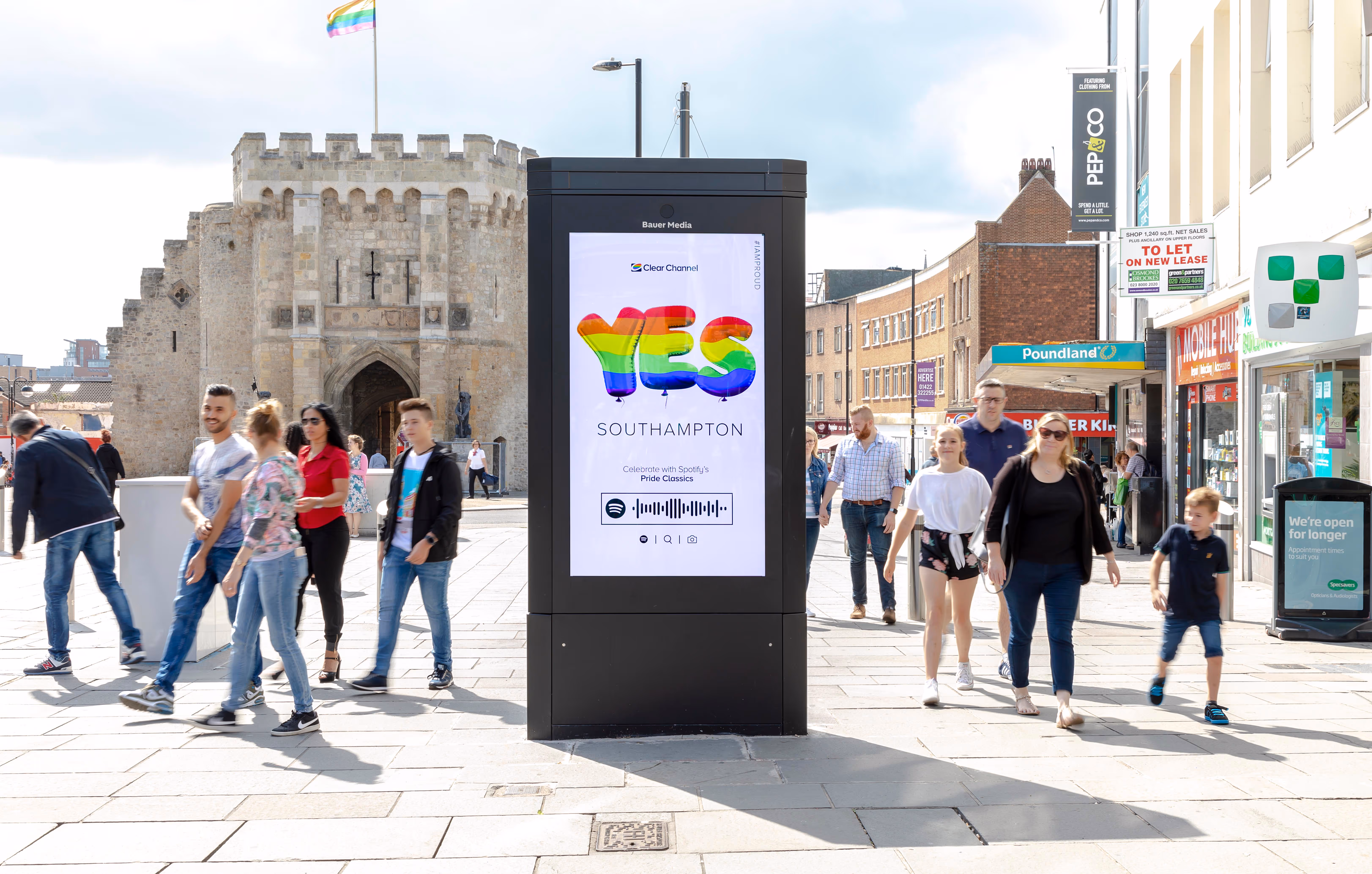 Pride Spotify advert on an Adshel Live screen in Southampton
