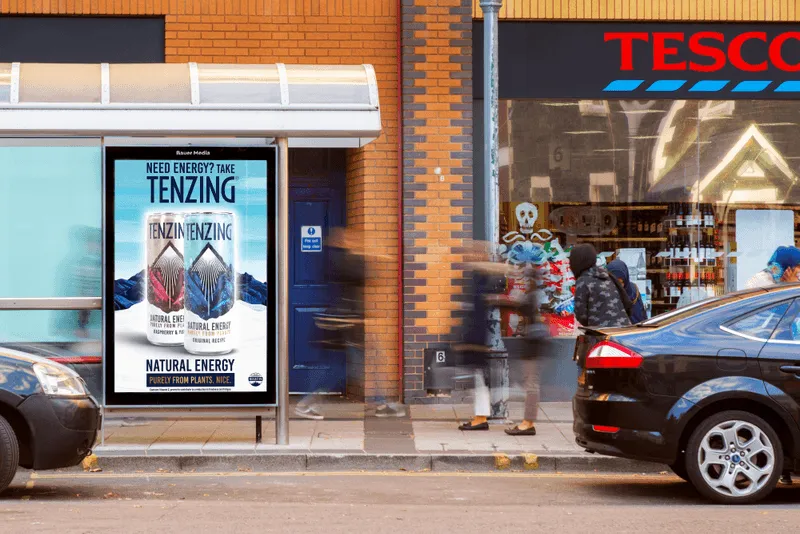 Tenzings natural energy drink advertised on our Adshel panel outside a Tesco store